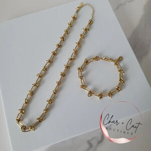 Gold Knotted Rope Bracelet and Necklace Set